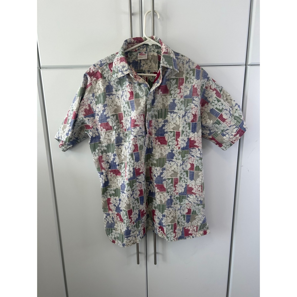 Go Barefoot Mens Large Hawaiian Shirt Floral Patchwork Cotton Made in USA Aloha